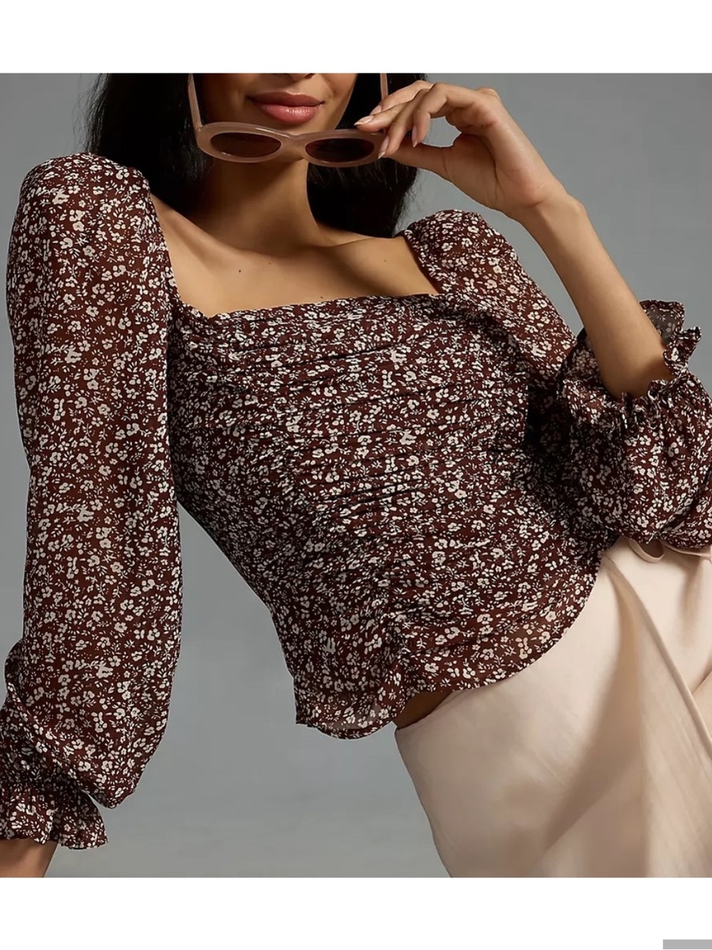 ASTR The Label | Tonina Puff Sleeve Brown Floral Smocked Blouse